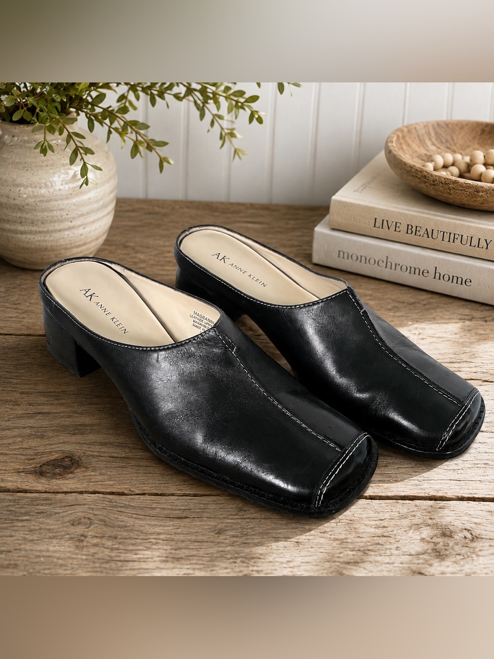 Anne Klein | Black Magrammar Leather Square-Toe Slip-On Mules Shoes 9M